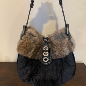 Coach Rabbit Fur Trimmed Hobo in Black